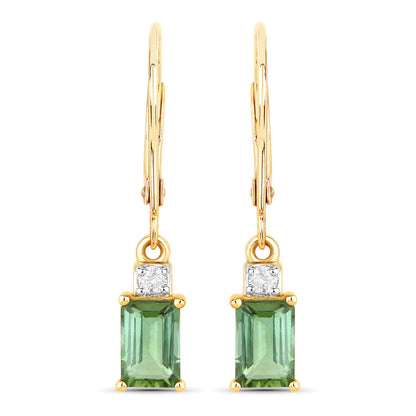 1.28 Carat Genuine Green Tourmaline and White Diamond 14K Yellow Gold Earrings