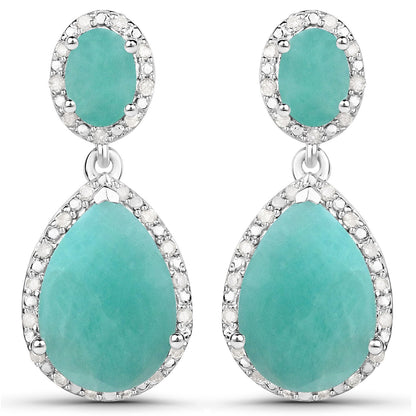 9.64 Carat Genuine Emerald and White Diamond .925 Sterling Silver Earrings
