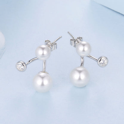 925 Sterling Silver Earrings with CZ and Synthetic Pearl, 1.7cm, White Gold Plated for Women