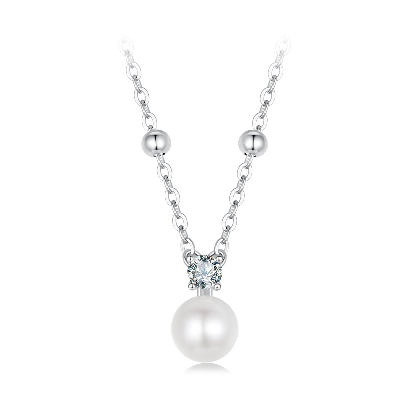 925 Sterling Silver Moissanite and Freshwater Pearl Necklace 40+5cm for Women