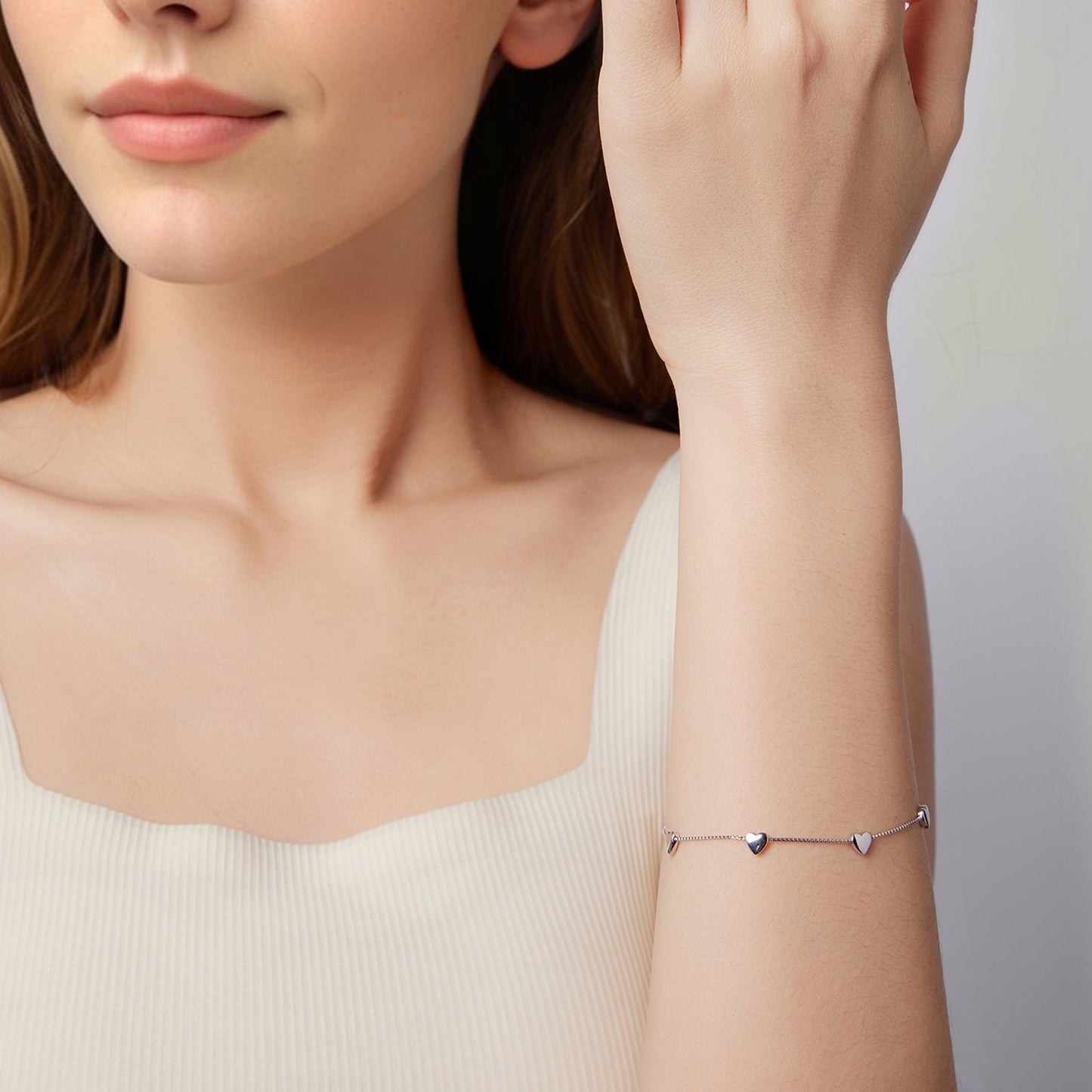 925 Sterling Silver Plated White Gold 17+3.5cm Heart-Shaped Bracelet for Women