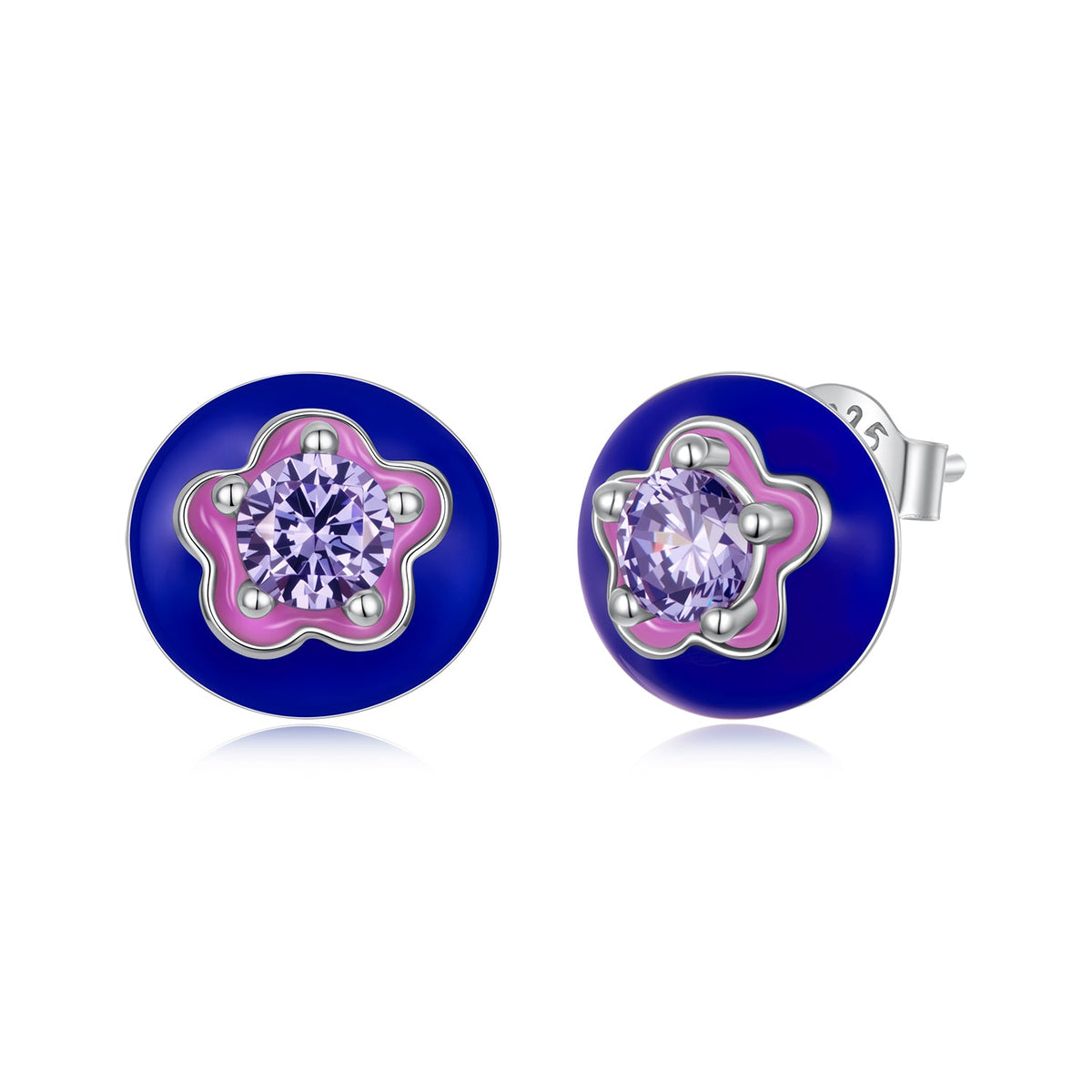 925 Sterling Silver White Gold Plated Enamel Pavé CZ 0.9x1.0cm Earrings for Women