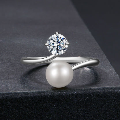 925 Sterling Silver Moissanite 0.5 Carat Freshwater Pearl Ring Size E for Women