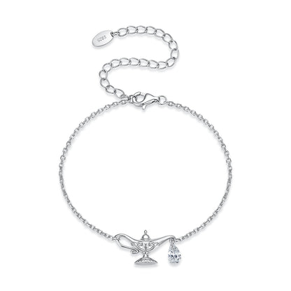 925 Sterling Silver White Gold Plated CZ Pavé 15+6cm Chain 1.0x1.7cm Pendant Bracelet for Women