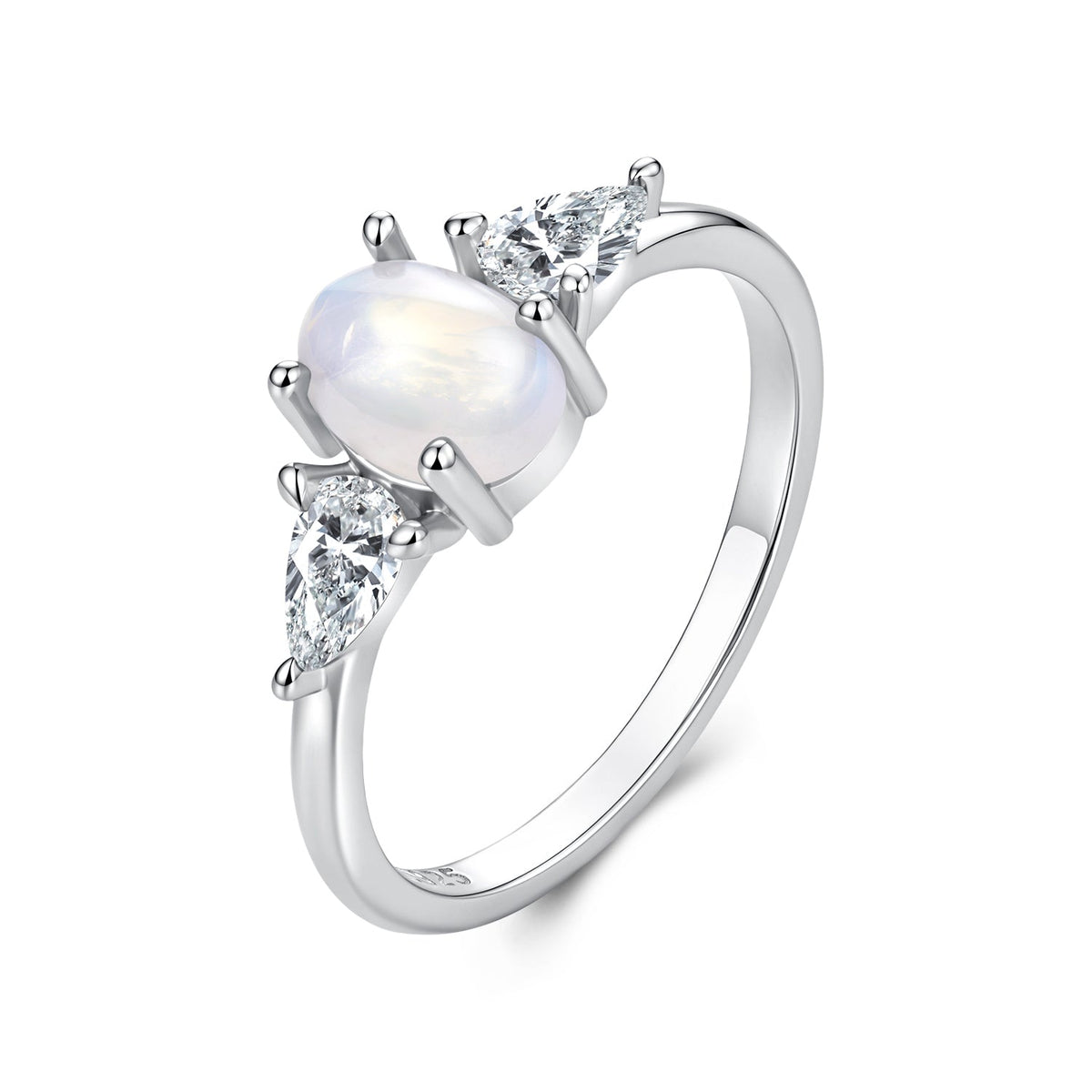 925 Sterling Silver White Gold Plated Natural Moonstone CZ Size 6 Ring for Women