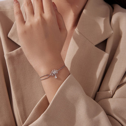 925 Sterling Silver Adjustable Chain Bracelet with White Gold Plating and CZ for Women