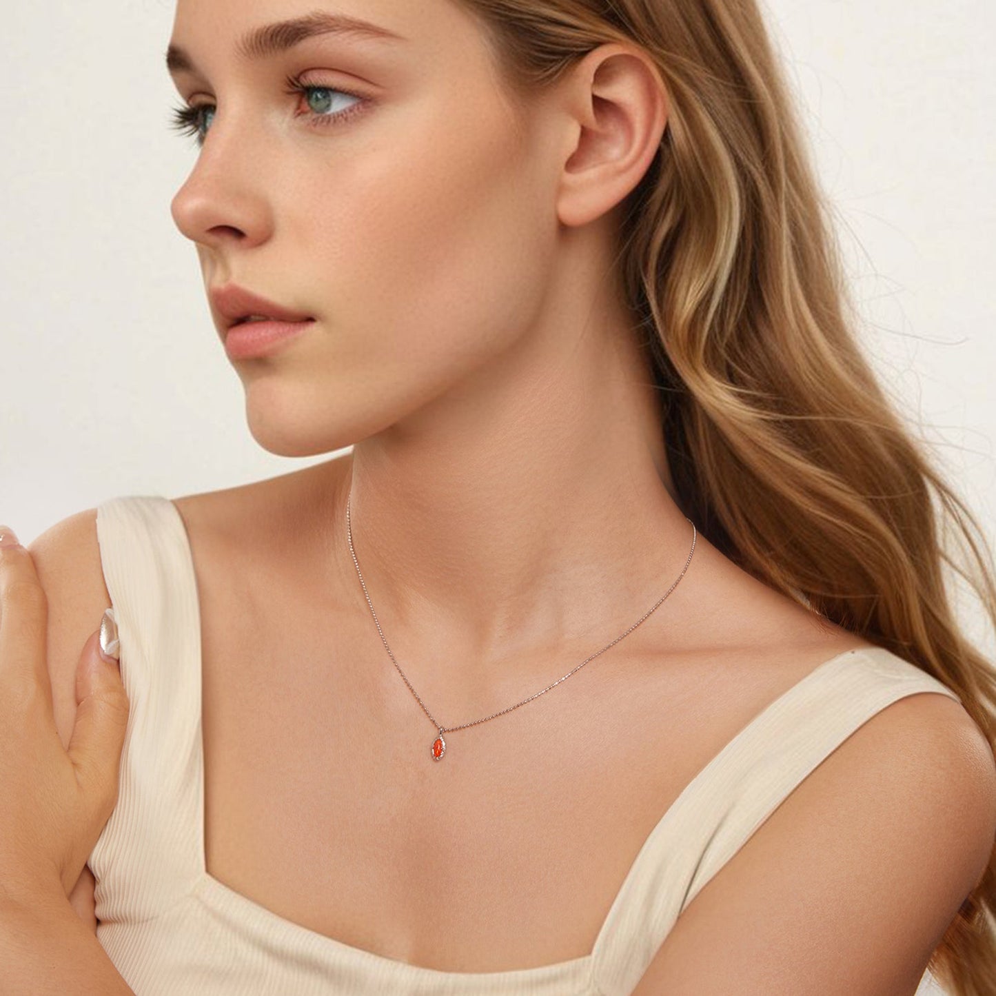 925 Sterling Silver Necklace with Synthetic Opal Pendant, 45cm, Plated White Gold for Women