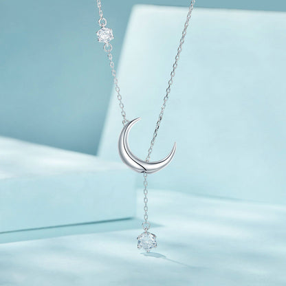 925 Sterling Silver Pavé Setting CZ Moon Necklace for Women