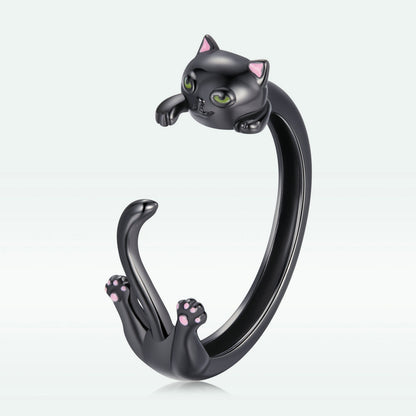 S925 Sterling Silver Plated Black Gold Cat-themed Ring for Women