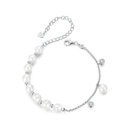 925 Sterling Silver 15+6cm White Gold Plated Bracelet with Quality Shell Pearl & CZ for Women