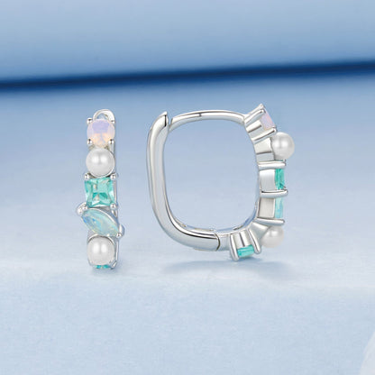 925 Sterling Silver Earrings with Nano Opal, Shell Pearl and Glass, 1.4cm for Women