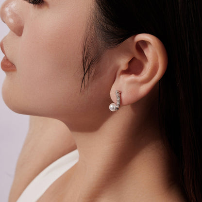 925 Sterling Silver White Gold Plated 1.6cm Hoop Earrings with Synthetic Pearl for Women