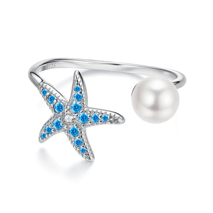 925 Sterling Silver White Gold Plated Quality Shell Pearl Starfish Ring for Women