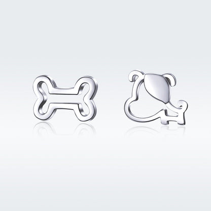 925 Sterling Silver Earrings for Women, 0.5-0.6cm, Bone and Dog Design, Platinum Plated
