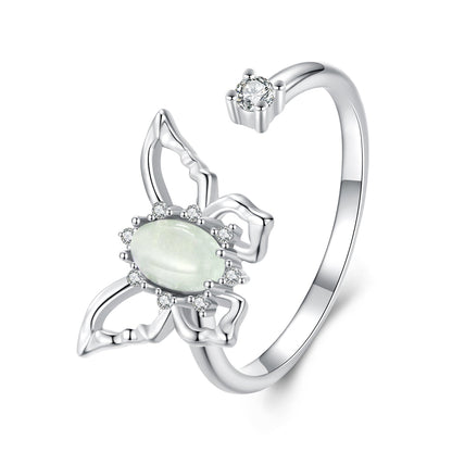 925 Sterling Silver & Natural Jade Pavé Setting Ring for Women
