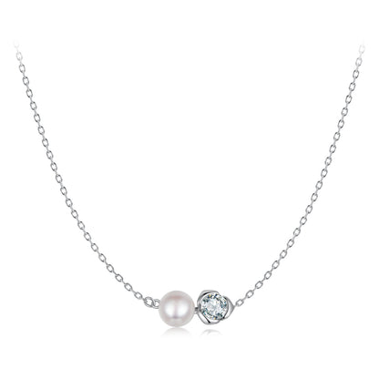 925 Sterling Silver Moissanite & Freshwater Pearl White Gold Necklace 45cm for Women