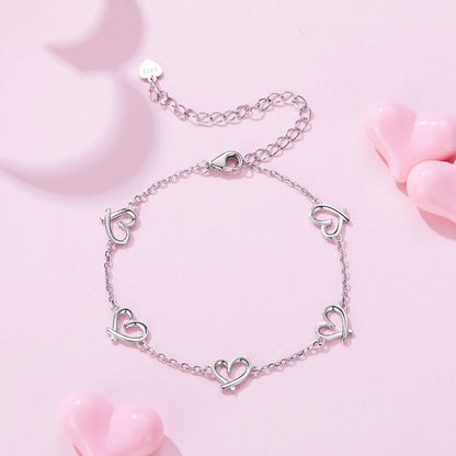 925 Sterling Silver 15+6cm 0.8cm Heart White Gold Plated Bracelet for Women
