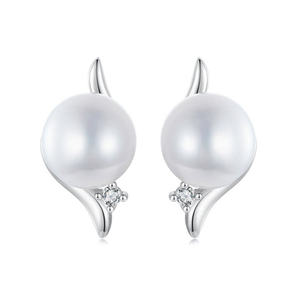 925 Sterling Silver Natural Pearl & CZ Earrings Plated in Platinum