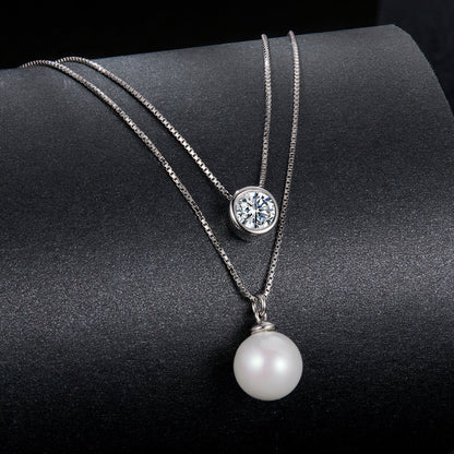 925 Sterling Silver Moissanite & Quality Shell Pearl Necklace for Women - 40+5cm, White Gold Plated