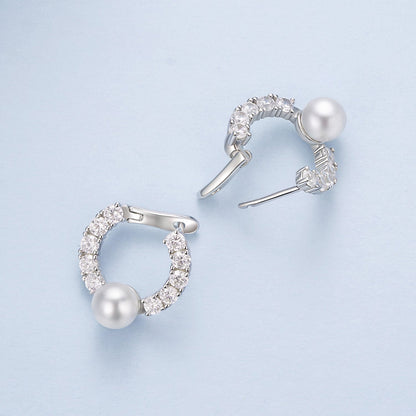 925 Sterling Silver White Gold Plated 1.6cm Hoop Earrings with Synthetic Pearl for Women