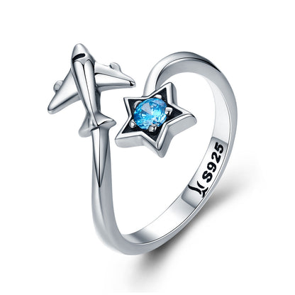 S925 Sterling Silver Star and Airplane Ring Set for Women