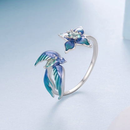 925 Sterling Silver White Gold Plated Enamel Transparent Glass 1.2cm Bird Ring for Women