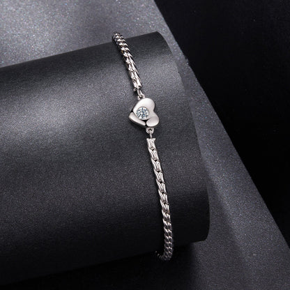 925 Sterling Silver Moissanite Heart Bracelet for Women - Silver - 15+6cm Length, 0.3cm Thickness