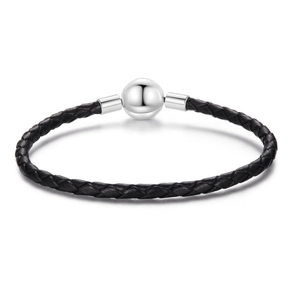 925 Sterling Silver Leather Rope Bracelet 17cm for Men