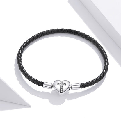 925 Sterling Silver Leather 17cm Bracelet with Oxidized CZ for Women