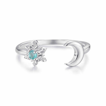 925 Sterling Silver Ring with Glass Snowflakes and Moon for Women