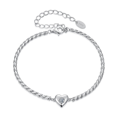 925 Sterling Silver Moissanite Heart Bracelet for Women - Silver - 15+6cm Length, 0.3cm Thickness