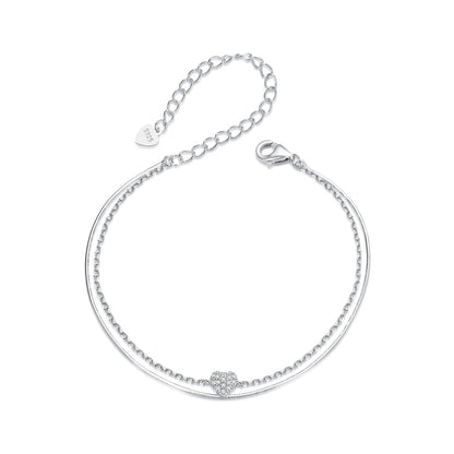 925 Sterling Silver White Gold Plated Heart-Shaped Bracelet with CZ, Length 150+60mm