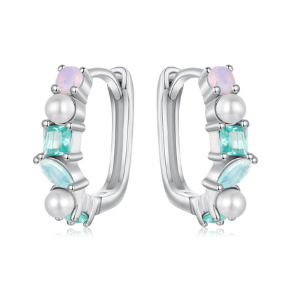 925 Sterling Silver Earrings with Nano Opal, Shell Pearl and Glass, 1.4cm for Women