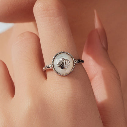 925 Sterling Silver White Gold-Plated Ring with Nacre Pendant - Style E for Women