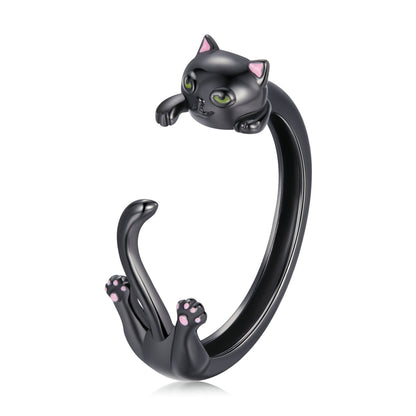 S925 Sterling Silver Plated Black Gold Cat-themed Ring for Women