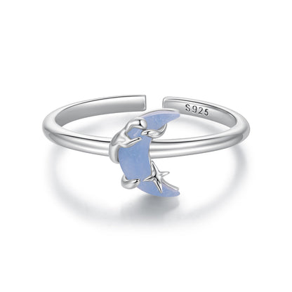 925 Sterling Silver Luminous Stone 0.80cm Moon Ring for Women