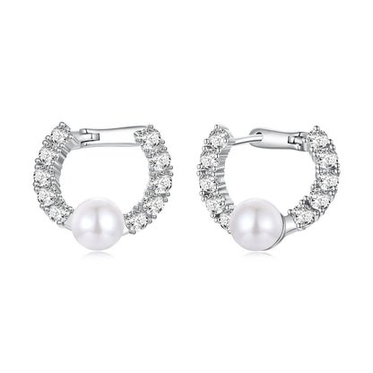 925 Sterling Silver White Gold Plated 1.6cm Hoop Earrings with Synthetic Pearl for Women