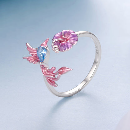 925 Sterling Silver White Gold Plated Enamel Pavé CZ Bird 1.9cm Ring for Women