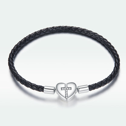 925 Sterling Silver Leather 17cm Bracelet with Oxidized CZ for Women