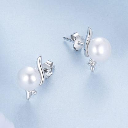 925 Sterling Silver Natural Pearl & CZ Earrings Plated in Platinum