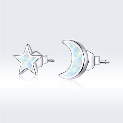 925 Sterling Silver Opal Earrings for Women - Star & Moon Design