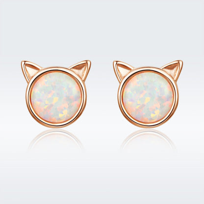 925 Sterling Silver Plated Rose Gold Opal Earrings 0.8cm for Women