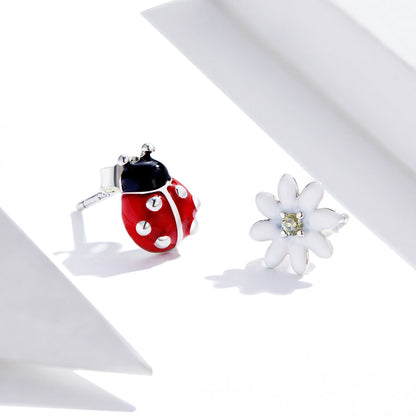 925 Sterling Silver Earrings with Enamel - Bug 1.0 x 0.8 cm, Flower 0.9 x 0.9 cm - Women