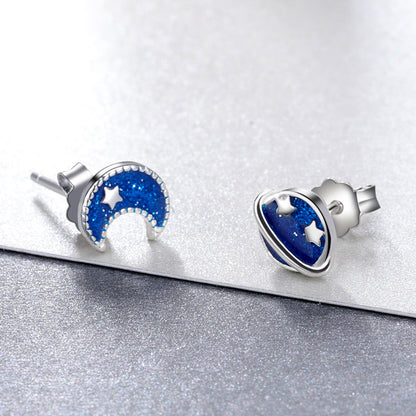 925 Sterling Silver Earrings for Women - Enamel Moon and Sun Design, 0.7x0.6cm, 0.6x0.8cm