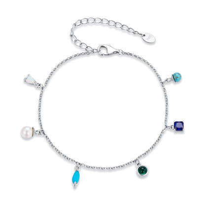 925 Sterling Silver White Gold Plated Synthetic Opal Pearl Turquoise 16+5cm Bracelet for Women