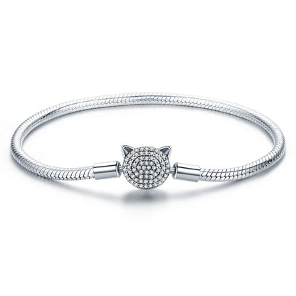 925 Sterling Silver Bracelet with Cat Head Charm, 17cm for Women