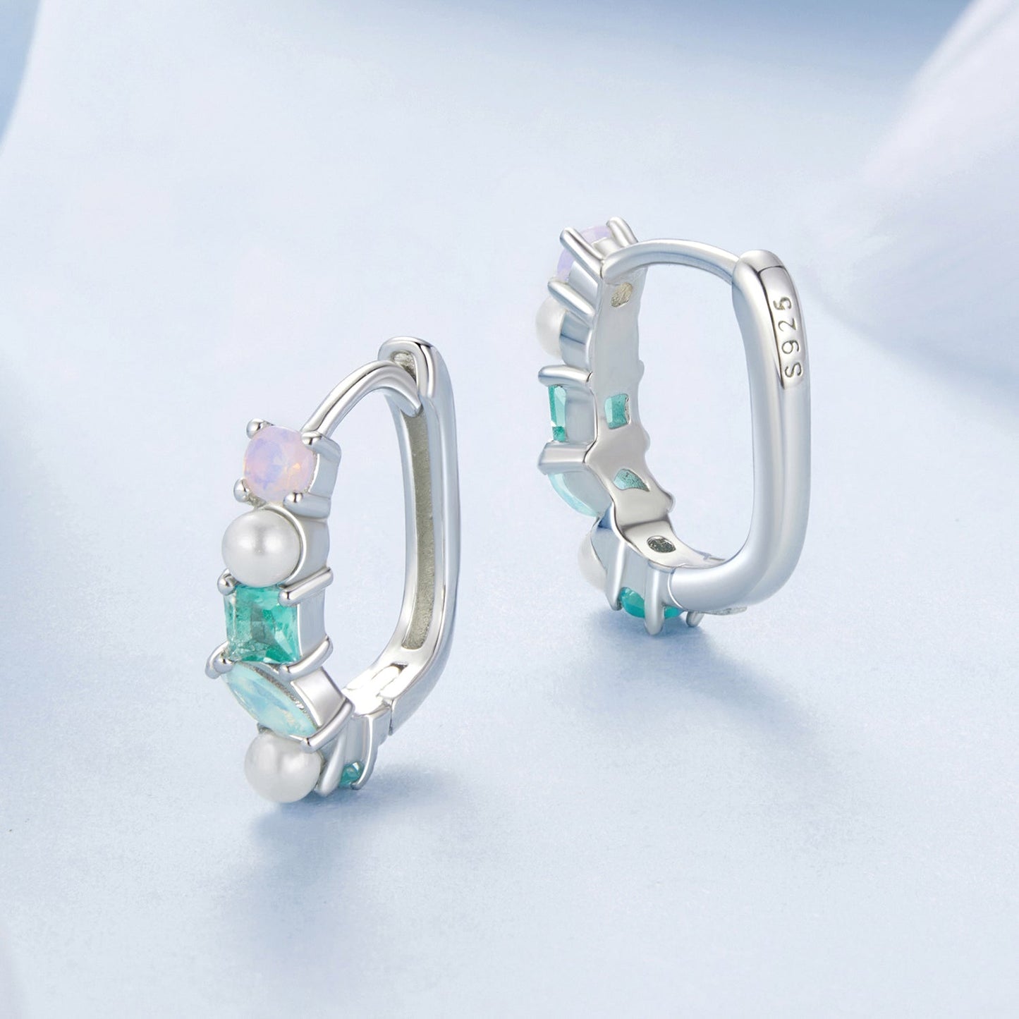 925 Sterling Silver Earrings with Nano Opal, Shell Pearl and Glass, 1.4cm for Women