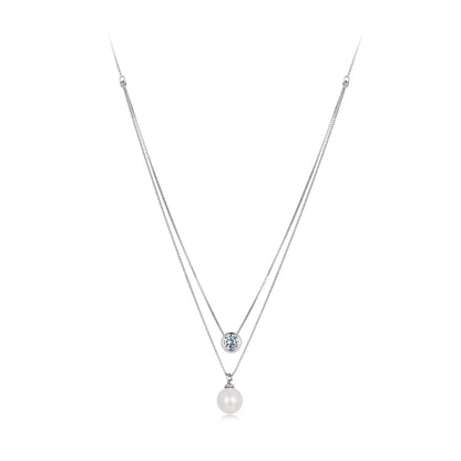 925 Sterling Silver Moissanite & Quality Shell Pearl Necklace for Women - 40+5cm, White Gold Plated