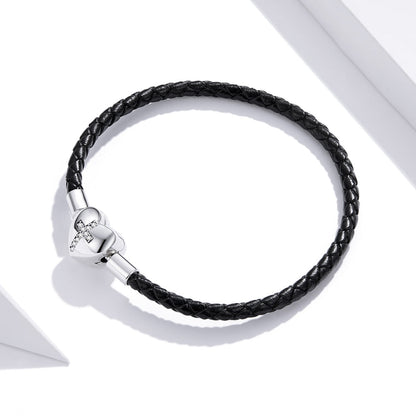 925 Sterling Silver Leather 17cm Bracelet with Oxidized CZ for Women