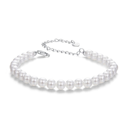 925 Sterling Silver Adjustable White Gold Plated Bracelet with Synthetic Pearl for Women